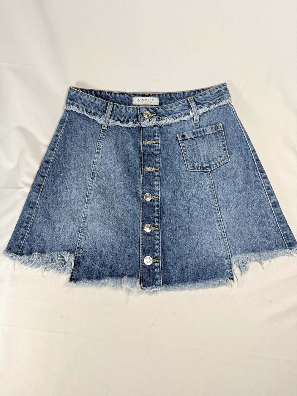 Y2K Americana Guess Los Angeles Women's Blue Denim Button Front Frayed Hem Mini